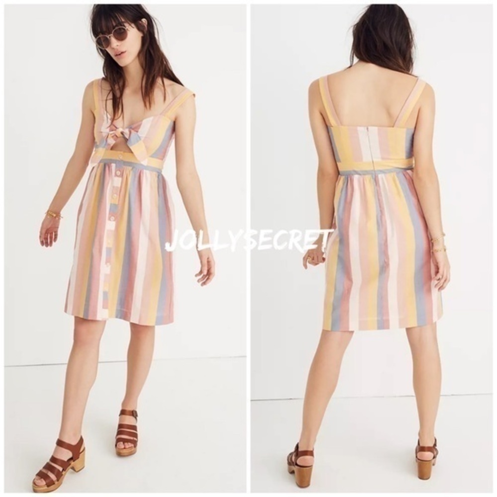Madewell tie front cutout sherbet stripe dress. - Picture 3 of 9